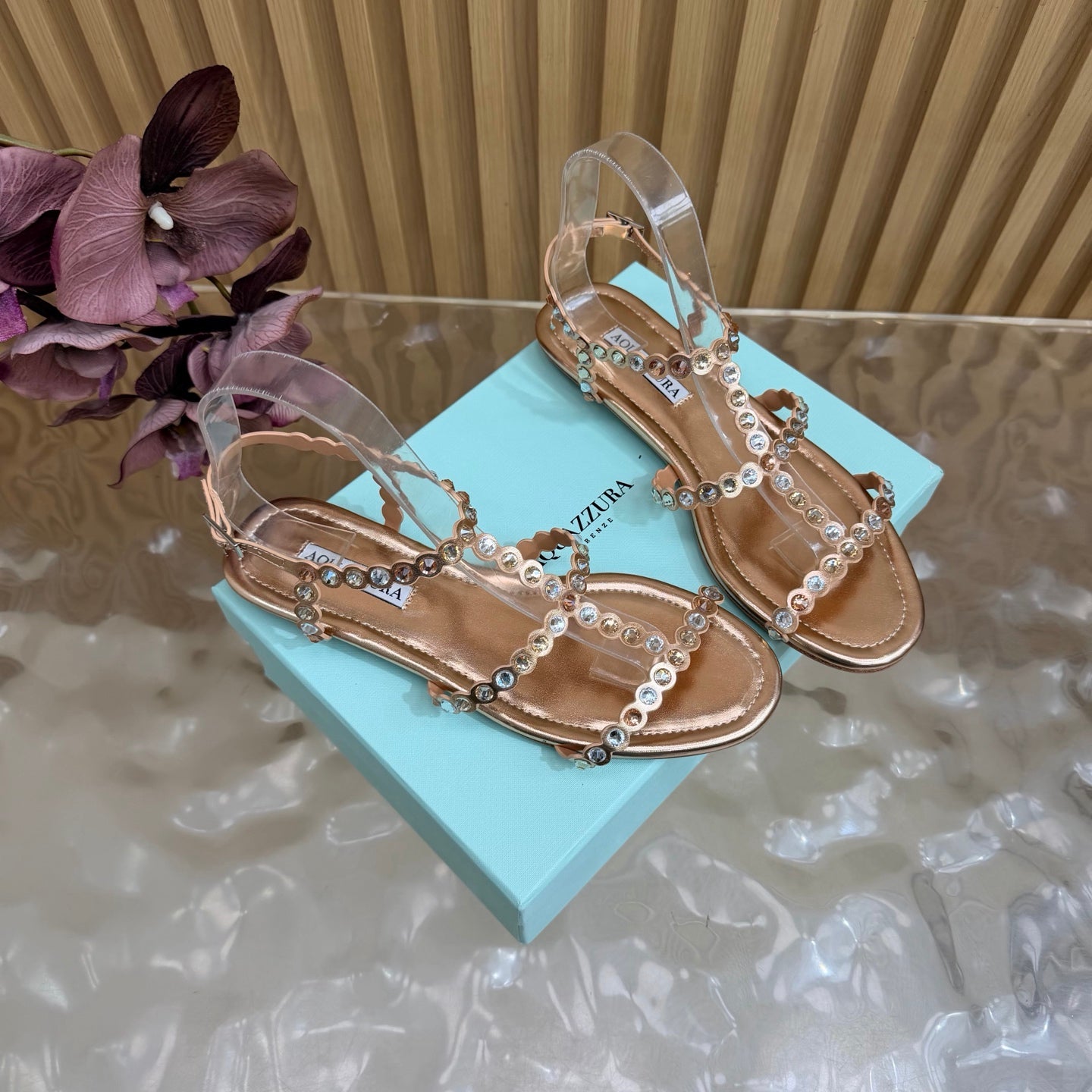 AQUAZZURA 26S FLAT SANDALS IN ROSE GOLD CALFSKIN CRYSTAL EMBELLISHED