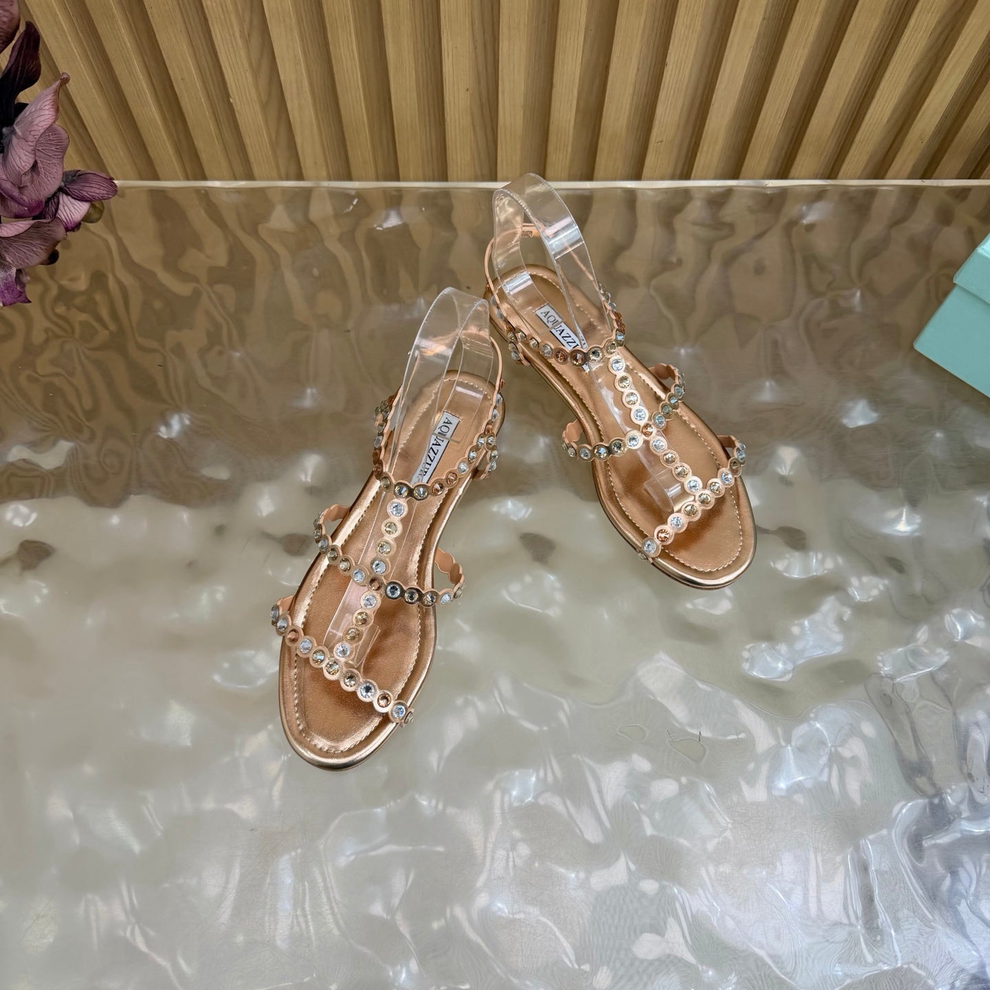 AQUAZZURA 26S FLAT SANDALS IN ROSE GOLD CALFSKIN CRYSTAL EMBELLISHED