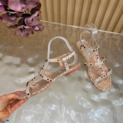 AQUAZZURA 26S FLAT SANDALS IN BEIGE SNAKESKIN CRYSTAL EMBELLISHED