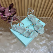 AQUAZZURA 26S FLAT SANDALS IN LIGHT BLUE SNAKESKIN CRYSTAL EMBELLISHED
