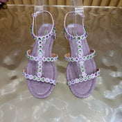 AQUAZZURA 26S FLAT SANDALS IN LIGHT PURPLE SNAKESKIN CRYSTAL EMBELLISHED