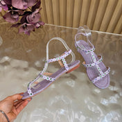 AQUAZZURA 26S FLAT SANDALS IN LIGHT PURPLE SNAKESKIN CRYSTAL EMBELLISHED