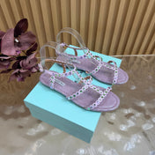 AQUAZZURA 26S FLAT SANDALS IN LIGHT PURPLE SNAKESKIN CRYSTAL EMBELLISHED