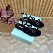 AQUAZZURA 26S FLAT SANDALS IN BLACK SUEDE CRYSTAL EMBELLISHED