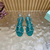 AQUAZZURA 26S FLAT SANDALS IN TEAL GREEN SUEDE CRYSTAL EMBELLISHED