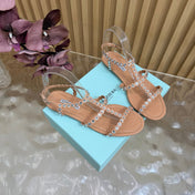 AQUAZZURA 26S FLAT SANDALS IN NUDE CALFKSIN CRYSTAL EMBELLISHED