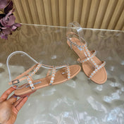 AQUAZZURA 26S FLAT SANDALS IN NUDE CALFKSIN CRYSTAL EMBELLISHED