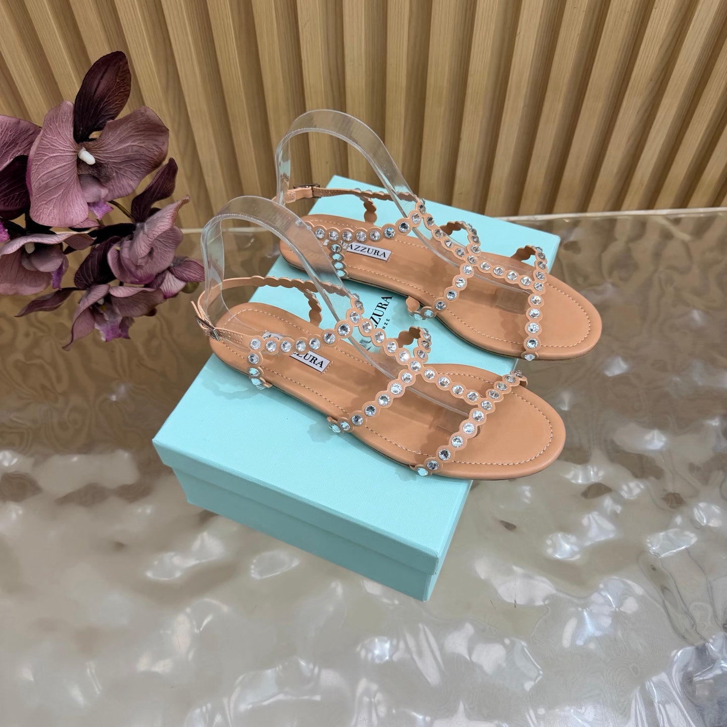 AQUAZZURA 26S FLAT SANDALS IN NUDE CALFKSIN CRYSTAL EMBELLISHED