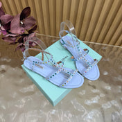 AQUAZZURA 26S FLAT SANDALS IN LIGHT BLUE CALFKSIN CRYSTAL EMBELLISHED
