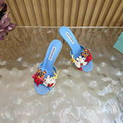 AQUAZZURA 26S SANDALS 80 MM IN LIGHT BLUE CANVAS WITH CROCHET APPLIQUES