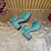 VALENTINO 26S PLATFORM SANDALS 90 MM IN LIGHT BLUE CALFSKIN BEIGE WOVEN FABRIC