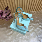AQUAZZURA 26S POINTED-TOE HIGH HEELS 100 MM IN LIGHT BLUE SATIN
