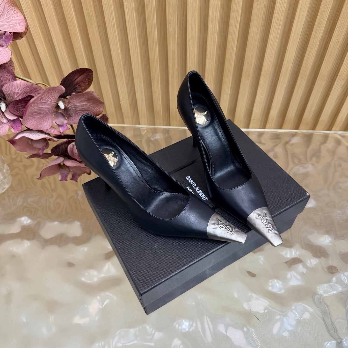 YSL 26S HIGH HEEL PUMPS 110 MM IN BLACK AND SILVER CALFSKIN