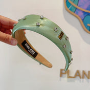 THICK HEADBAND IN JADE GREEN SILK ATTACHED DIAMONDS 406043