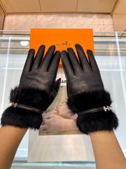 GLOVES WITH H LETTER IN BLACK SHEEPSKIN AND LAMB FUR 409344