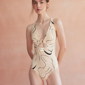 CC BIKINI SWIMSUIT SET IN CREAMY WHITE MIXED WITH CURVED BLACK DETAIL 608919