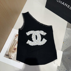 ONE SHOULDER TOP 622139 IN BLACK COTTON EMBOSSED PEARL TRIM