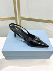 PRADA 26S SLINGBACK HIGH HEEL SANDALS 75MM IN BLACK CALFSKIN WITH LOGO