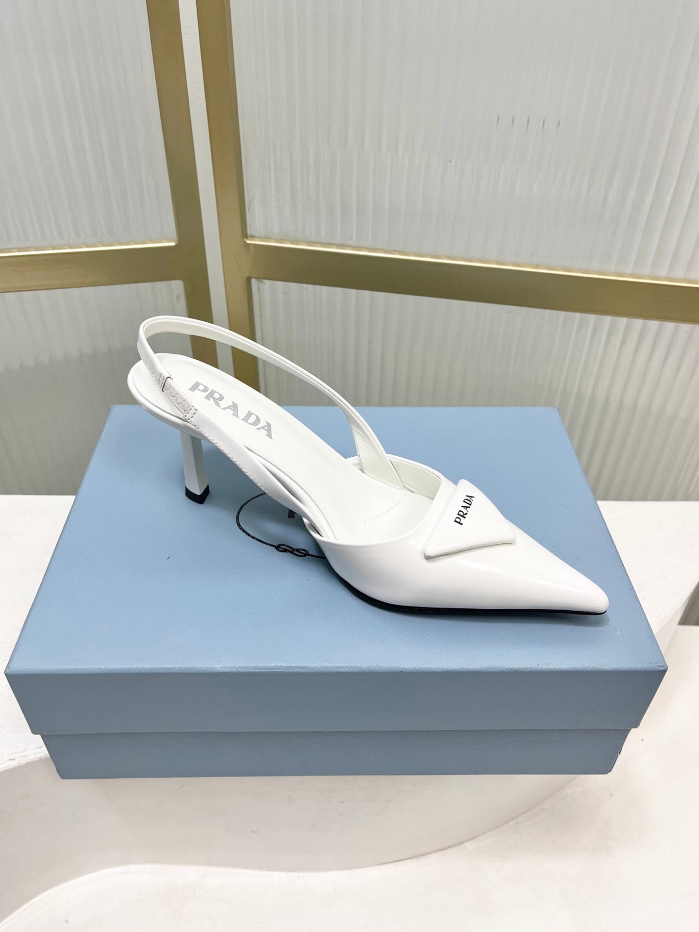 PRADA 26S SLINGBACK HIGH HEEL SANDALS 75MM IN WHITE CALFSKIN WITH LOGO