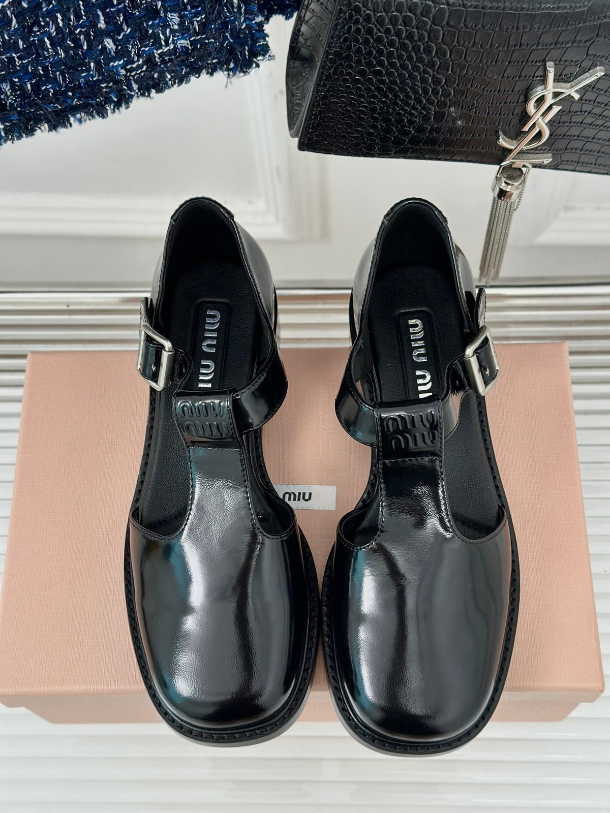 Square Toe Thick Heel Retro Mary Jane Shoes Black Calfskin