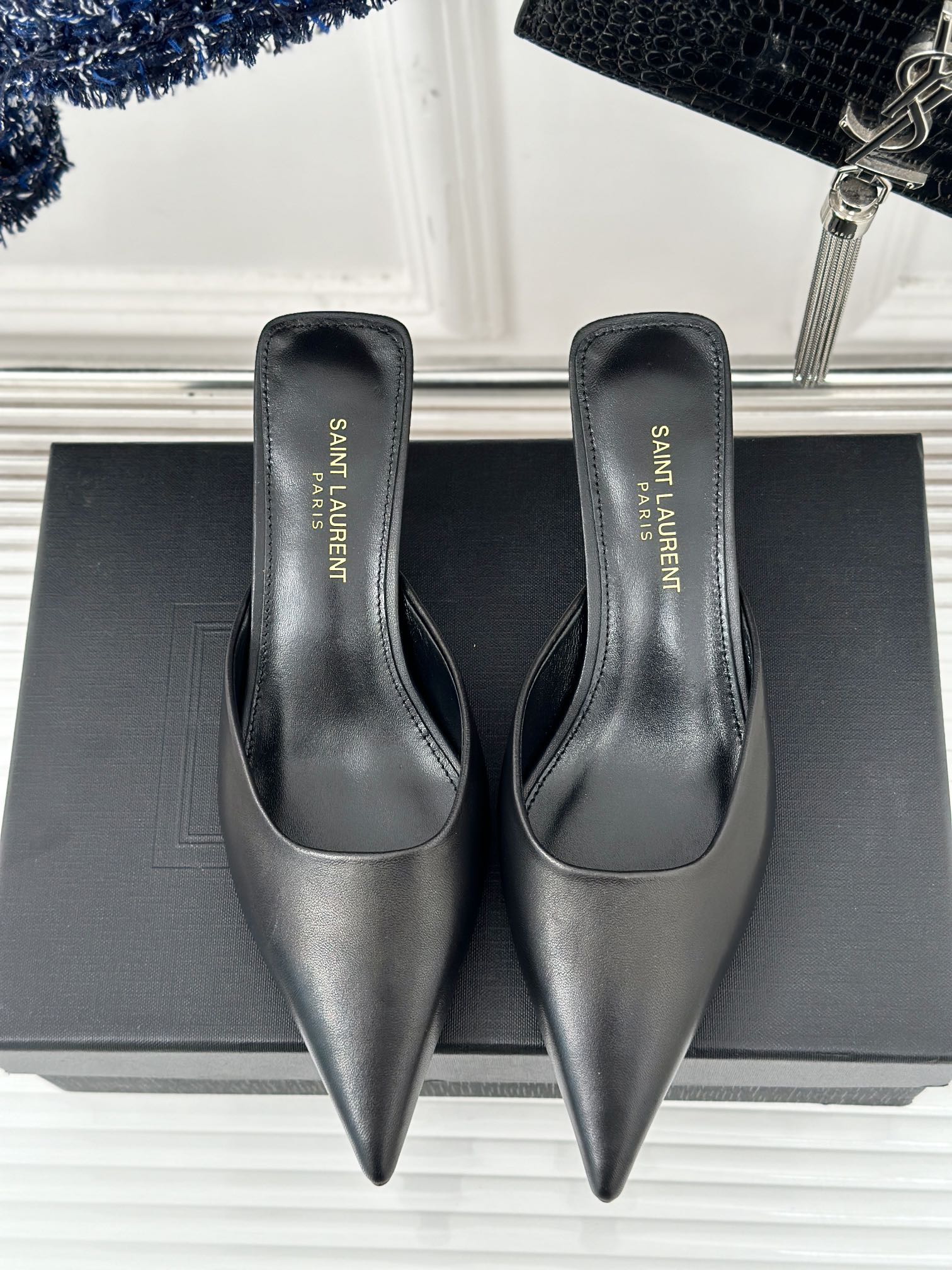 SL BARBARA MULES 55 BLACK CALFSKIN