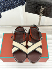 SANDALS THICK SOLE CROSS STRAP IN BEIGE FABRIC AND BROWN CALFSKIN