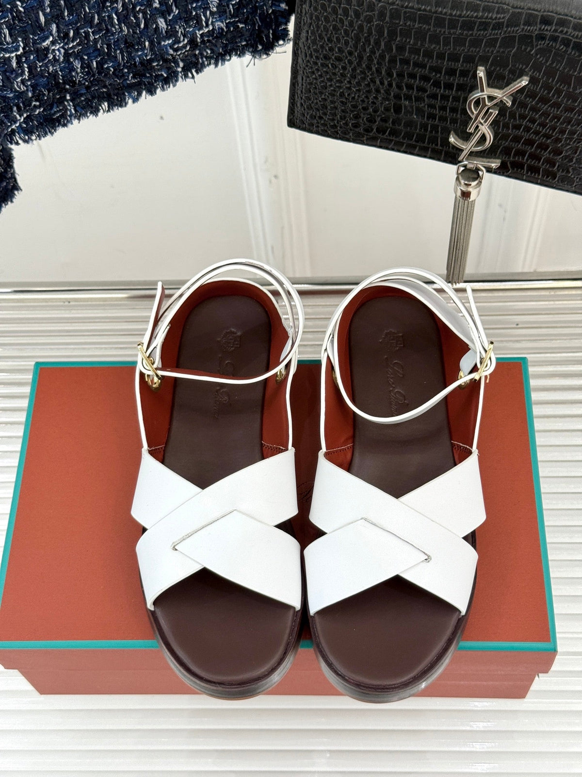 SANDALS THICK SOLE CROSS STRAP IN WHITE AND BROWN CALFSKIN
