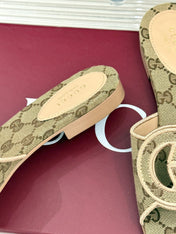 SLIDE SANDALS IN DARK BEIGE FABRIC EMBOSSED LOGO STYLE 3