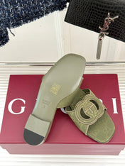 SLIDE SANDALS IN MOSS GREEN FABRIC EMBOSSED LOGO STYLE 2