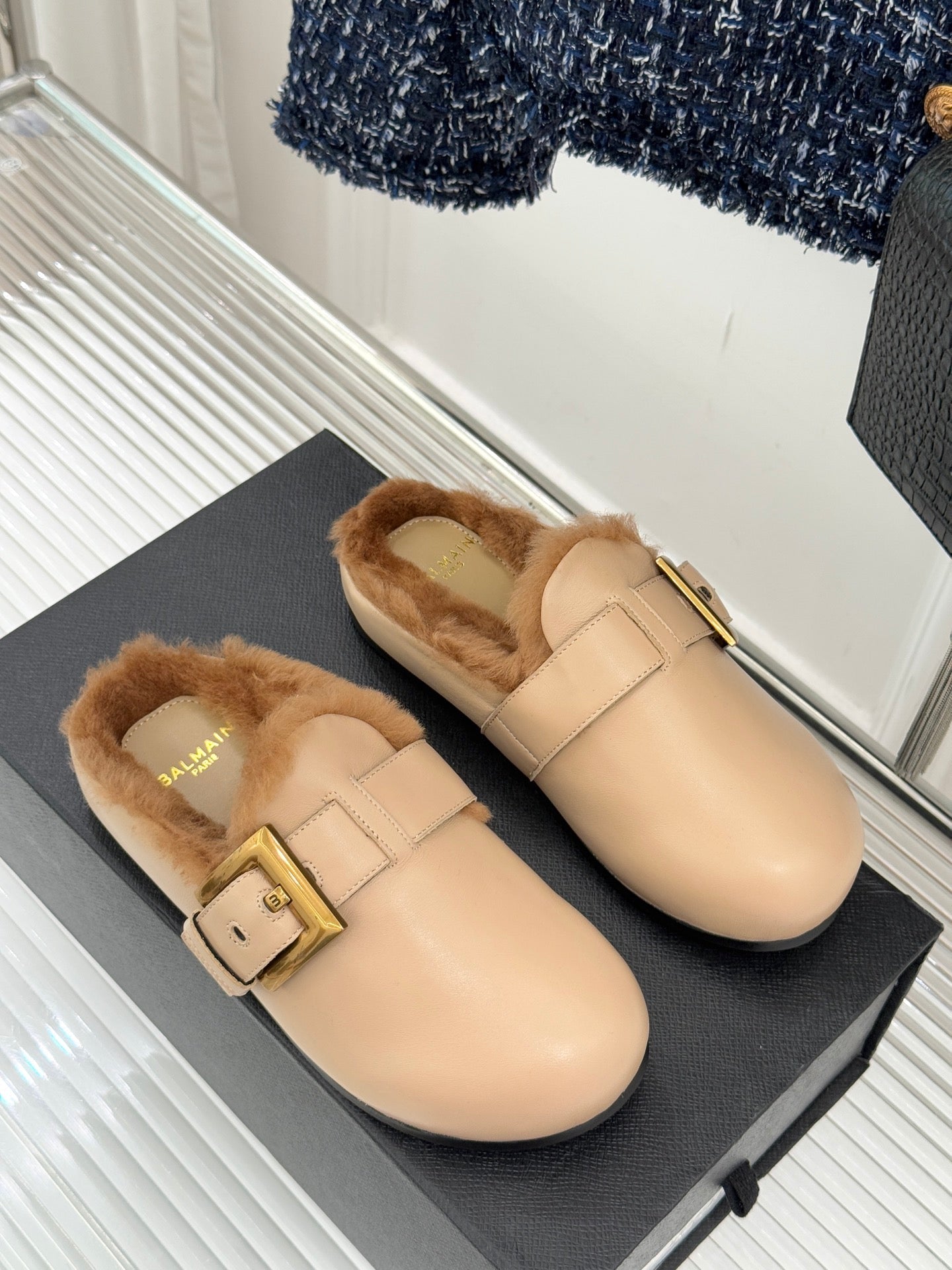 BALMAIN 26S ANTHEM MULES IN BEIGE CALFSKIN