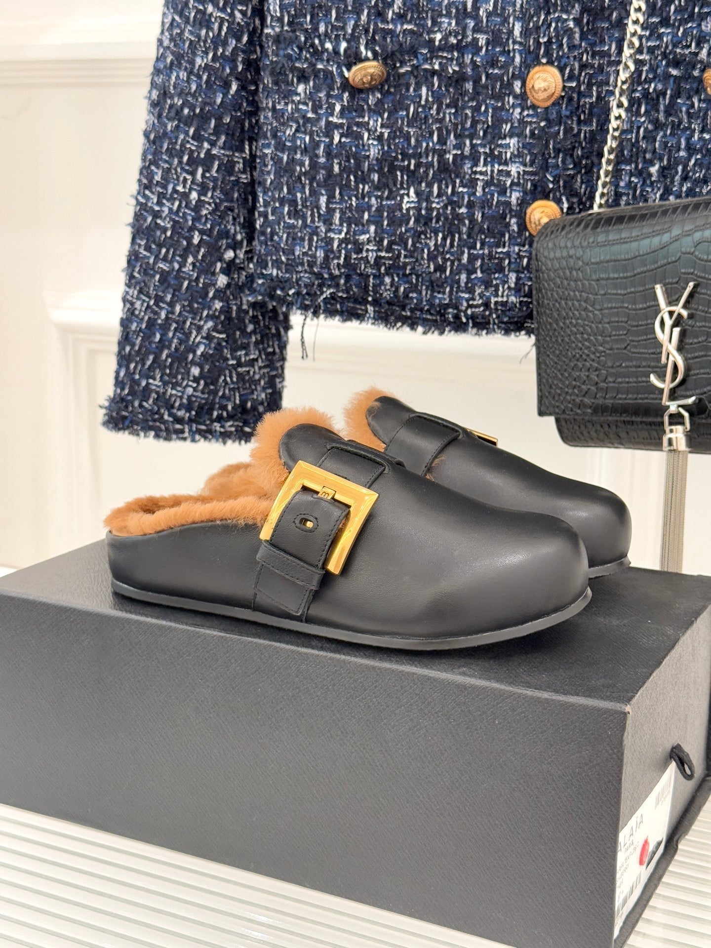 BALMAIN 26S ANTHEM MULES IN BLACK CALFSKIN