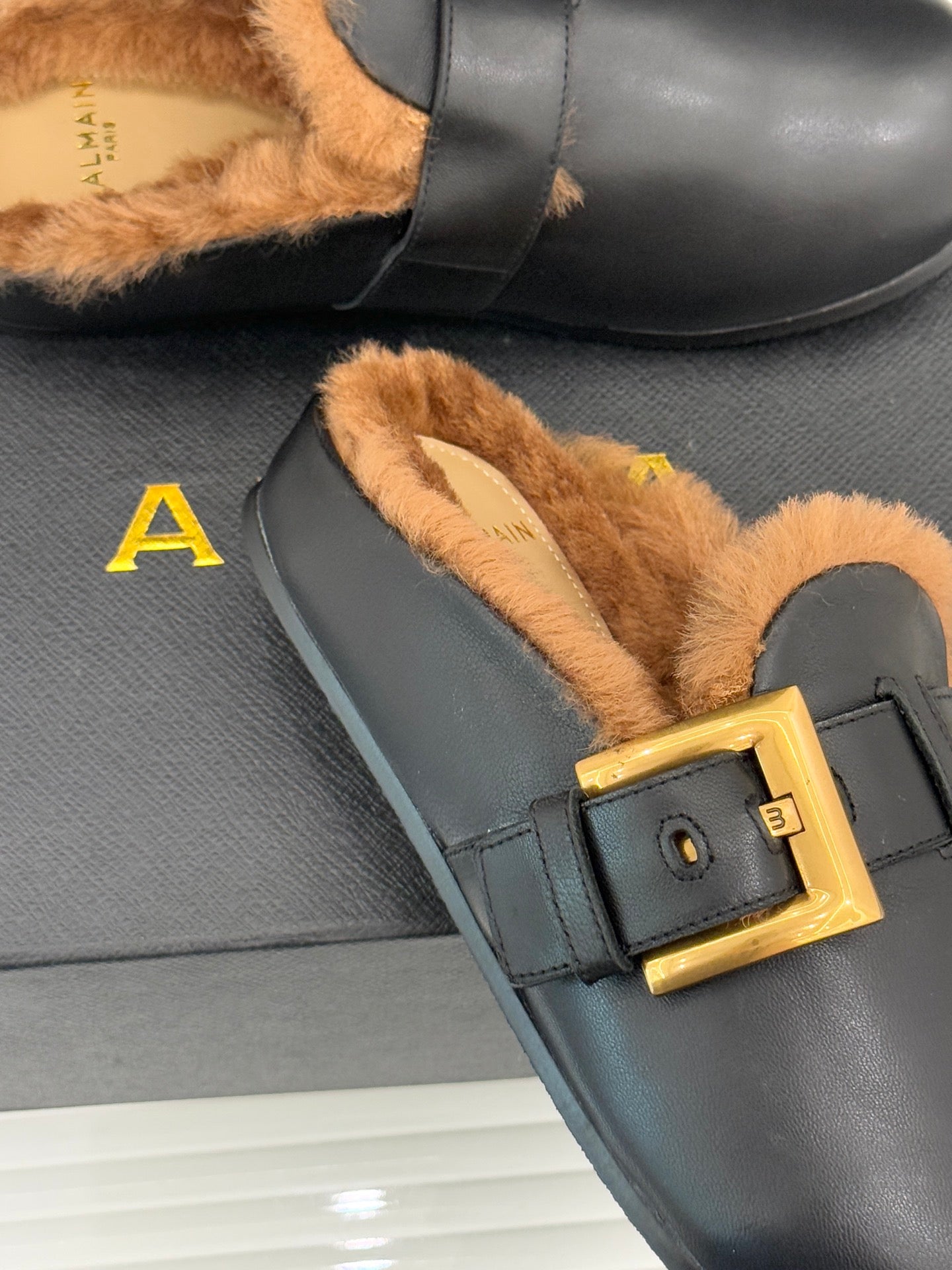 BALMAIN 26S ANTHEM MULES IN BLACK CALFSKIN