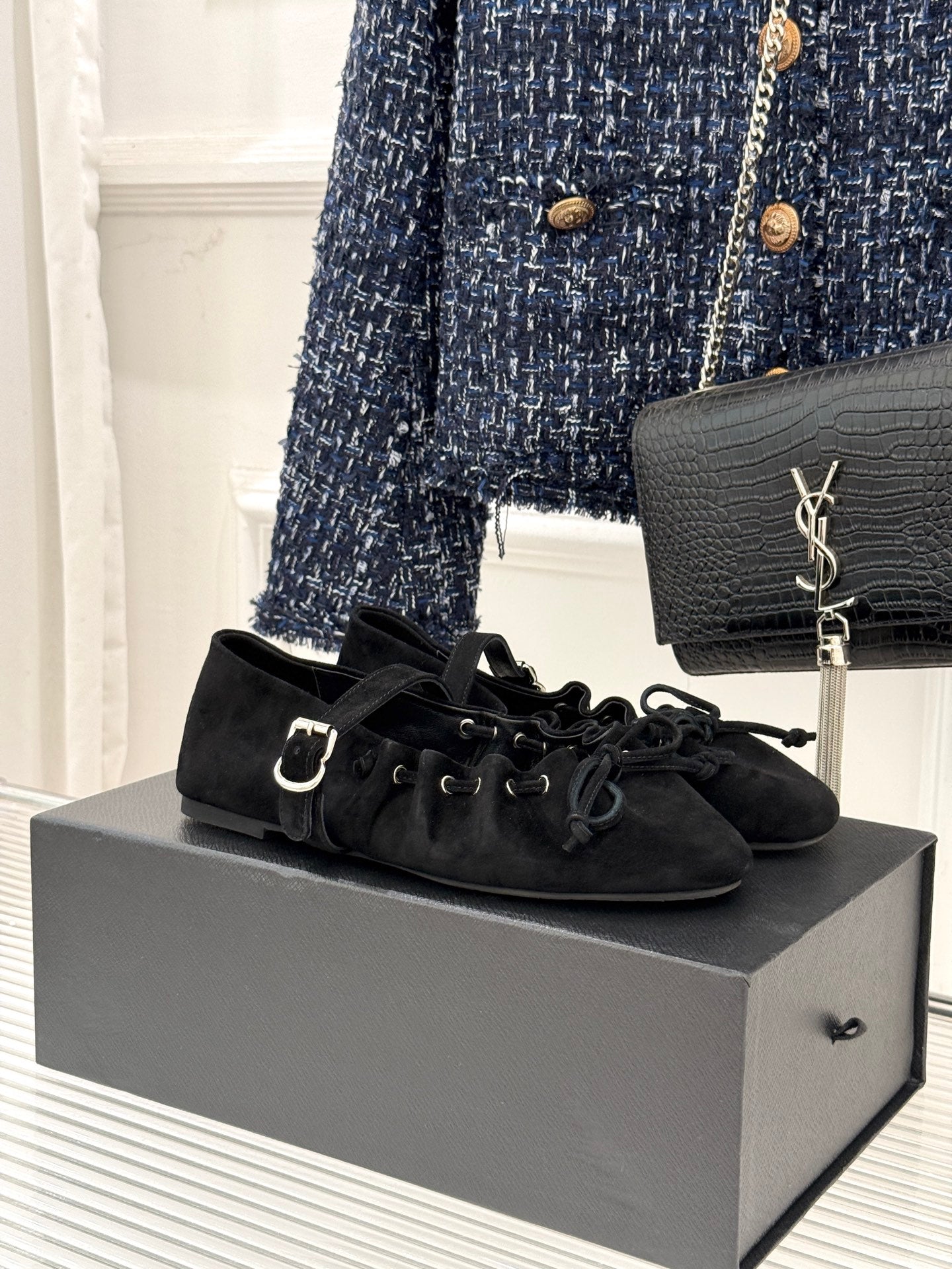 ALAIA 26S MARY JANE FLATS IN BLACK SUEDE WITH BOW