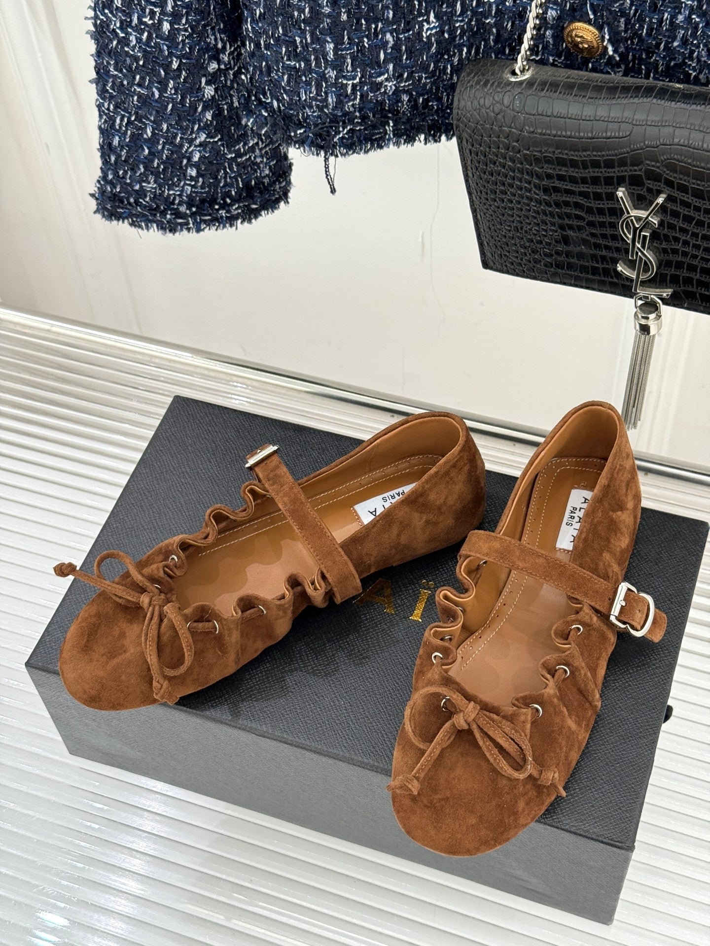 ALAIA 26S MARY JANE FLATS IN BROWN SUEDE WITH BOW