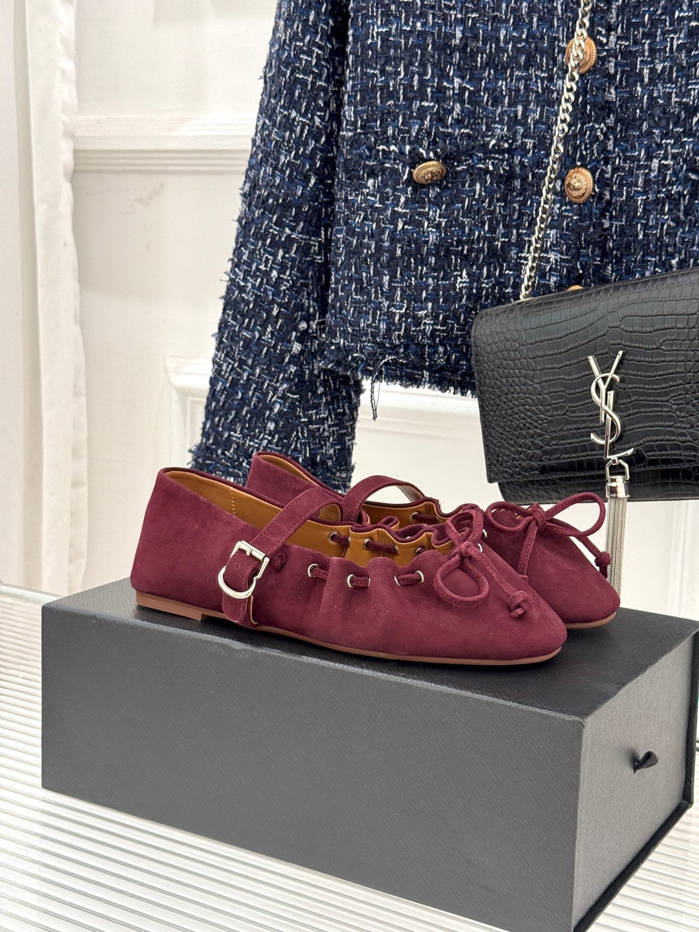 ALAIA 26S MARY JANE FLATS IN DARK RED SUEDE WITH BOW