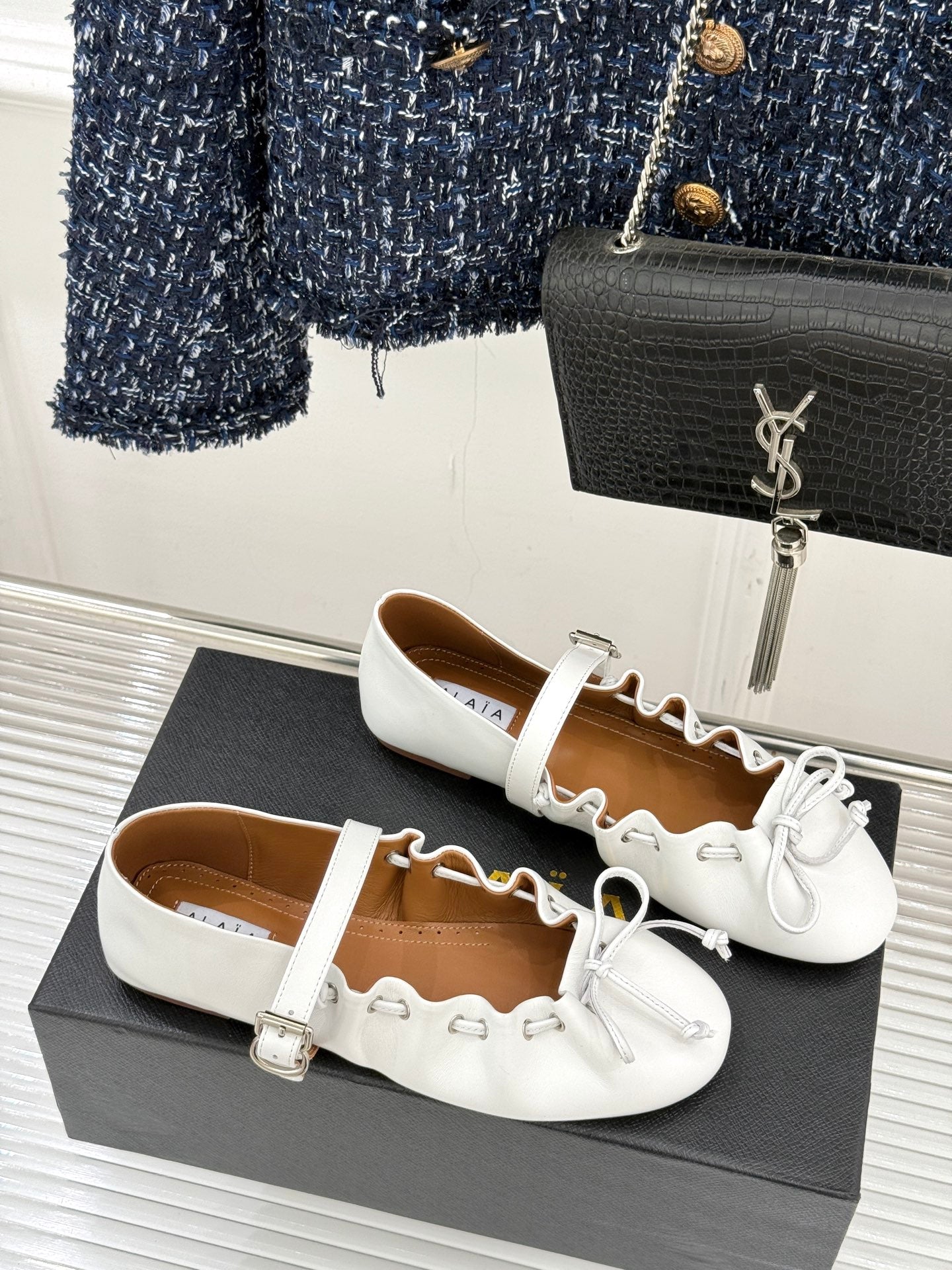 ALAIA 26S MARY JANE FLATS IN WHITE LAMBSKIN WITH BOW
