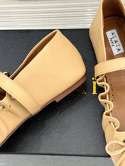 ALAIA 26S MARY JANE FLATS IN LIGHT YELLOW BEIGE LAMBSKIN WITH BOW