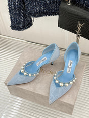 JIMMY CHOO 26S HIGH HEELS 65 MM IN SKY BLUE LACE PEARL-EMBELLISHED