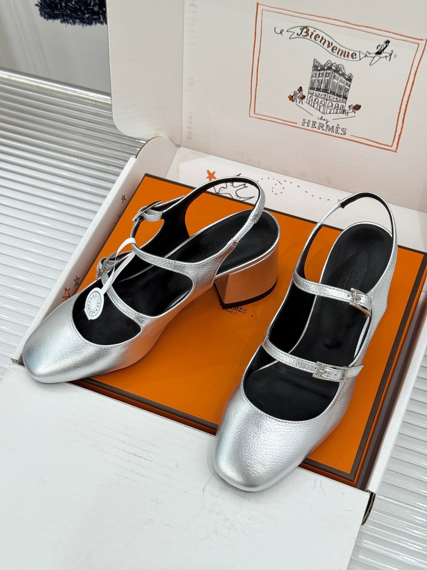 HM 26S SLINGBACK HIGH HEELS IN SILVER CALFSKIN