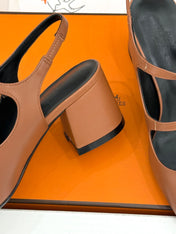 HM 26S SLINGBACK HIGH HEELS IN BROWN CALFSKIN