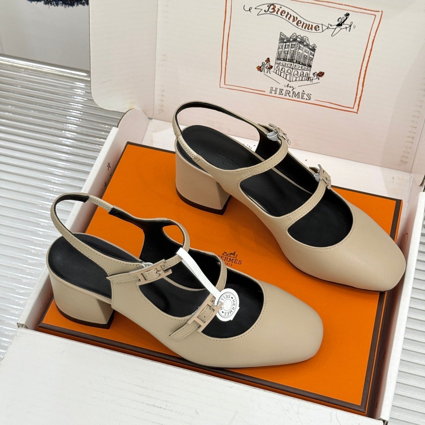 HM 26S SLINGBACK HIGH HEELS IN BEIGE CALFSKIN