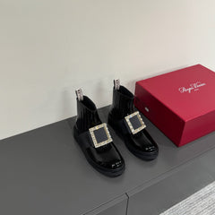 VIV' RANGERS CHELSEA BOOTIES IN GLOSSY BLACK CALFSKIN CRYSTAL BUCKLE