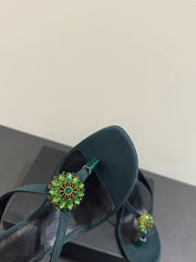 YSL HEELED THONG SANDALS 25S IN DARK ARMY GREEN SATIN WITH CRYSTAL