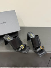 BALENCIAGA 25S HIGH-HEELED SANDALS IN BLACK CALFSKIN WITH GOLD HARDWARE