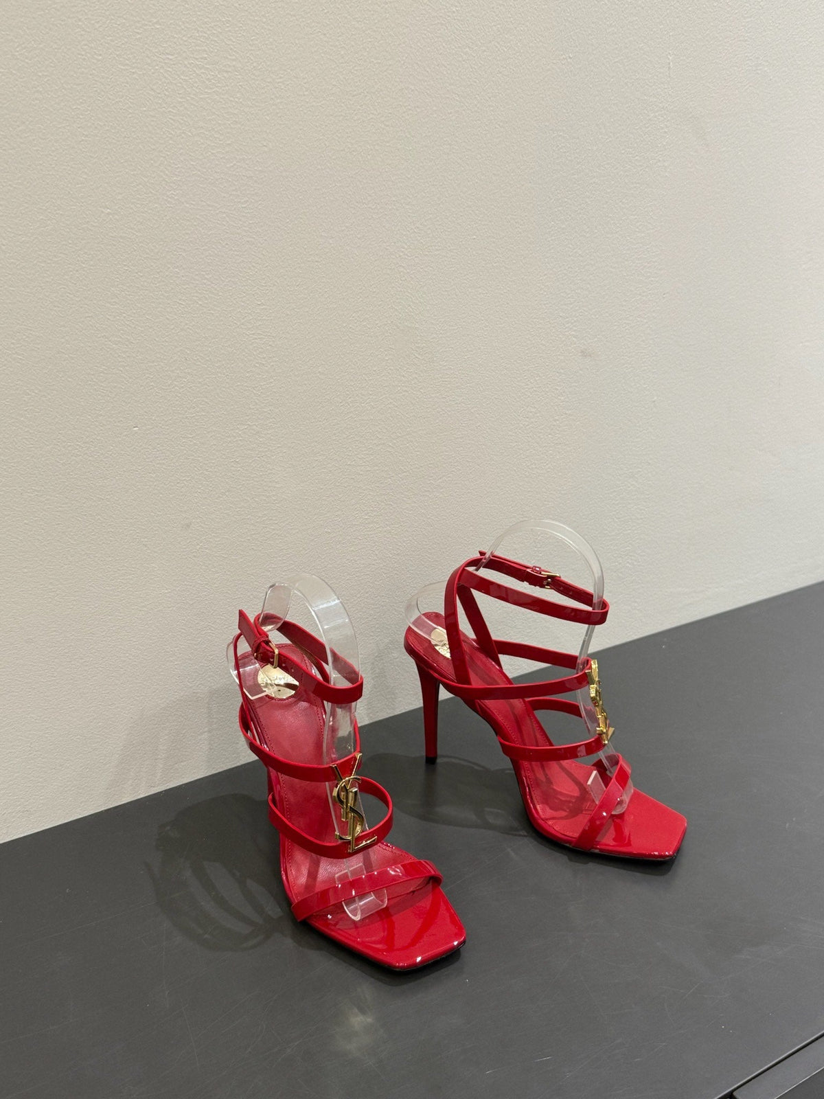 YSL SINGLE-STRAP HEELED SANDALS 25S IN RED LAMBSKIN