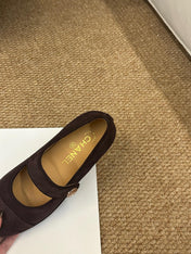 CHANEL 26S MARY JANE FLATS IN DARK BROWN SUEDE CC LOGO