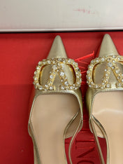 VALENTINO 26S HIGH HEEL SLINGBACKS IN METALLIC GOLD CALFSKIN WITH CRYSTAL