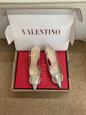 VALENTINO 26S HIGH HEEL SLINGBACKS IN METALLIC SILVER CALFSKIN WITH CRYSTAL