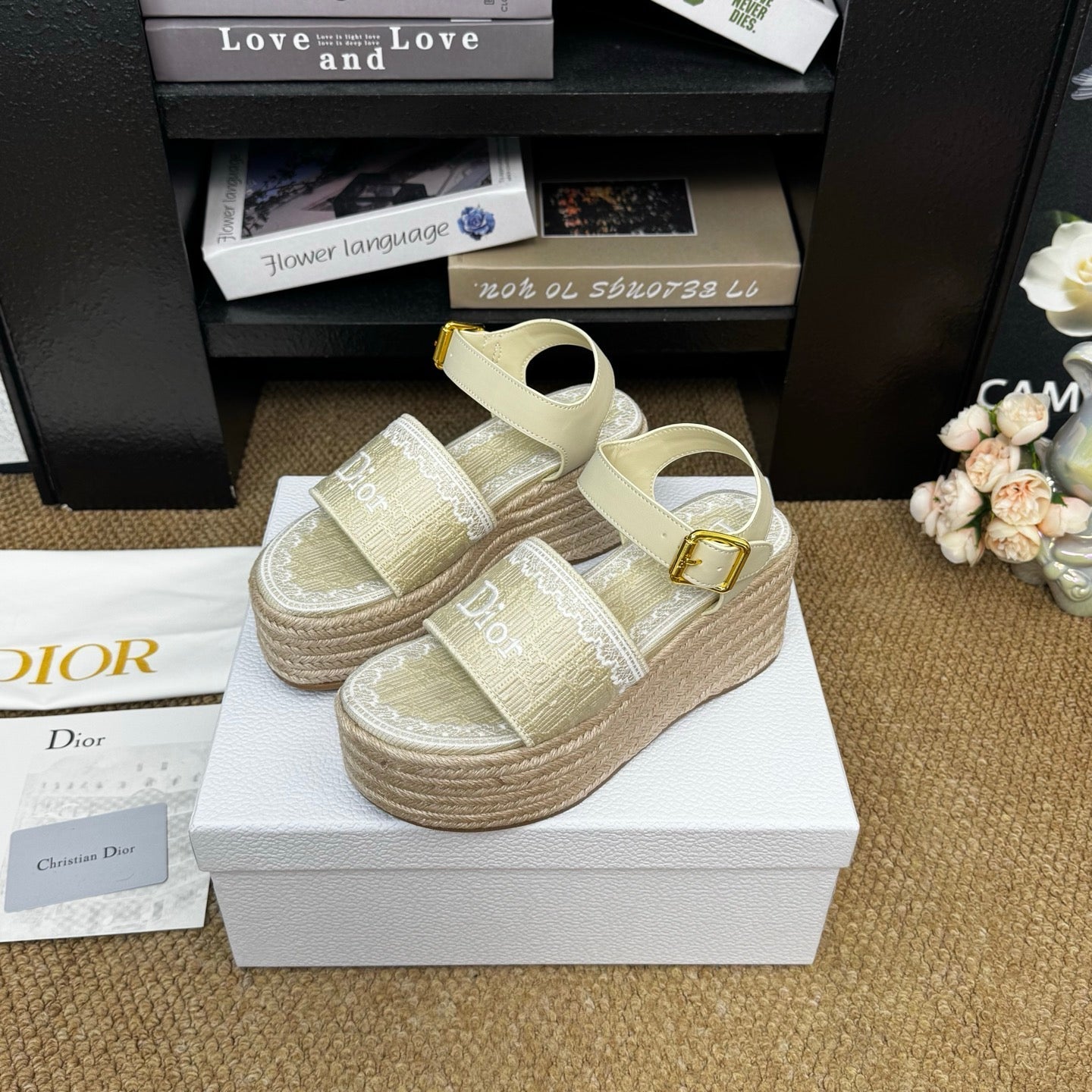 DIOR 26S ESPADRILLE WEDGE SANDAL IN BEIGE DIOR OBLIQUE EMBROIDERED CANVAS