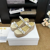 DIOR 26S WEDGE SANDAL IN BEIGE CANVAS AND CALFSKIN